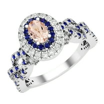 Dazzlingrock Collection 6X4mm Oval Morganite with Round Blue Sapphire & White Diamond Interweaving Double Halo Wedding Ring for Women in 10K White Gold, Size 6.5