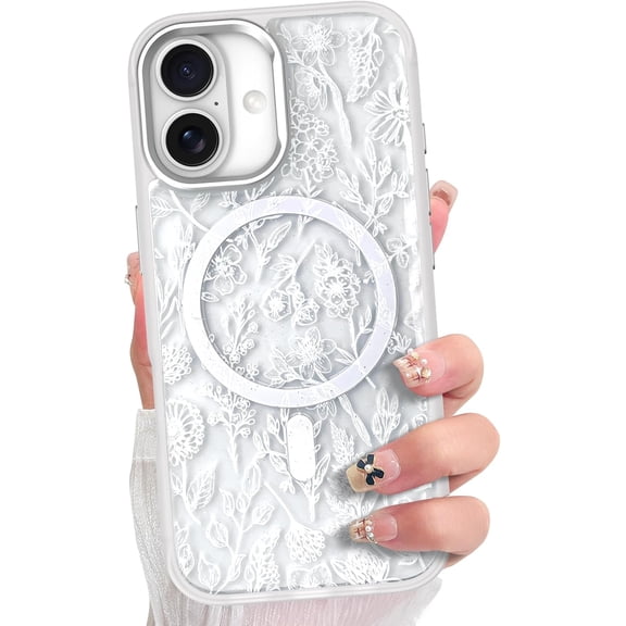 Case for iPhone 17, Compatible with Magsafe, Vintage Sage Flower Floral Design for Women Girls, Hybrid Heavy Duty Protection Shockproof Phone Cover, White