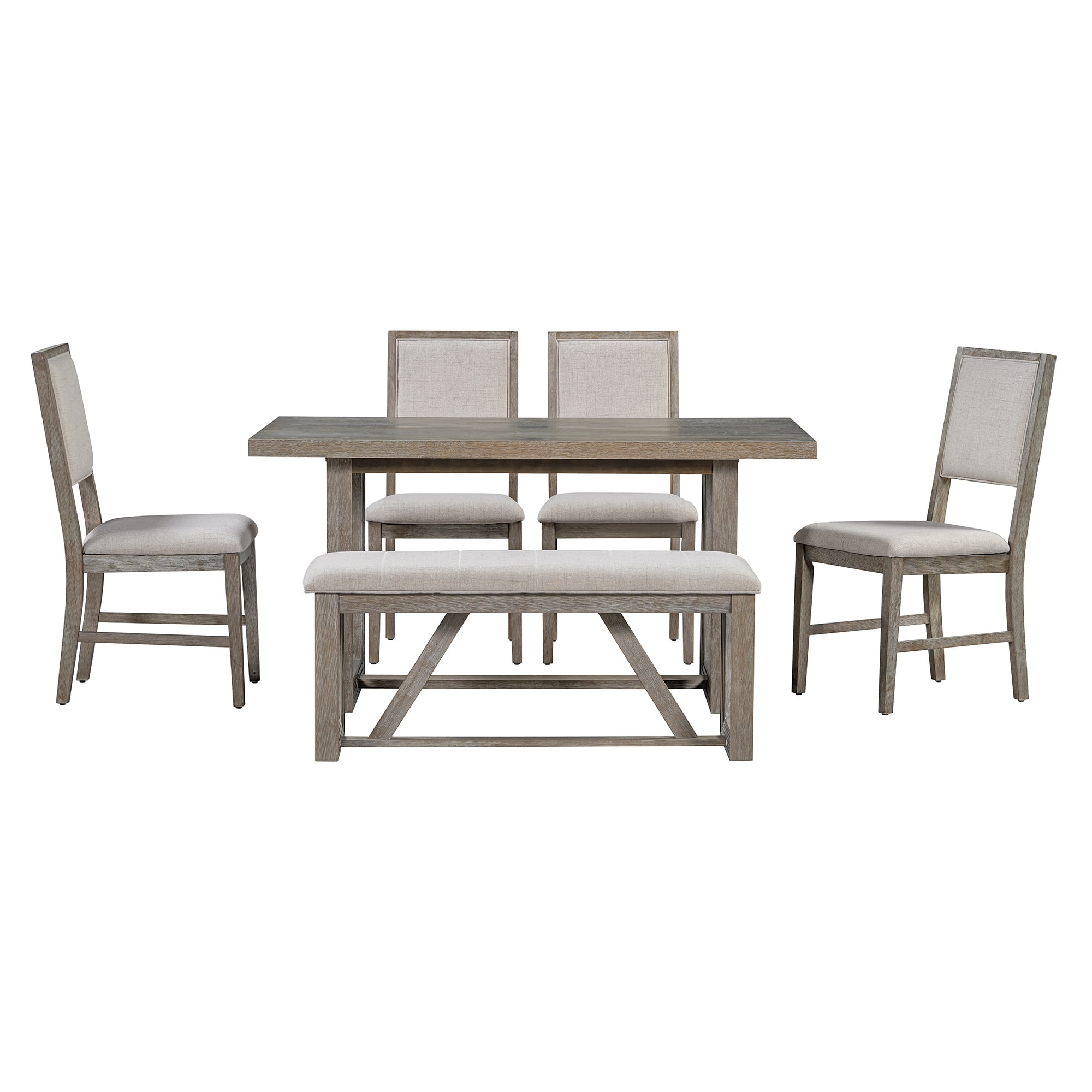MAYEERTY 6-Piece Retro Dining Table Set for 6, 60" Wood Kitchen Table and Chairs Set of 4 with Bench Designed Trestle Base for kitchen & Dining Room (Gray)