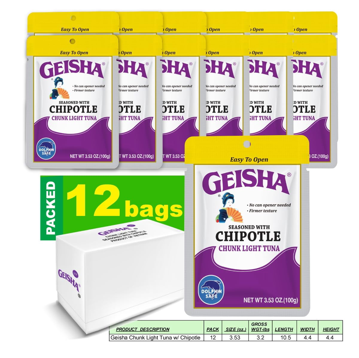 GEISHA Chunk Light Tuna Seasoned with Chipotle Sauce 3.53oz (Pack of 12), Tuna| HALAL & Kosher Certified – Gluten Free – Wild Caught – Dolphin Safe Catch – Good Source of Protein