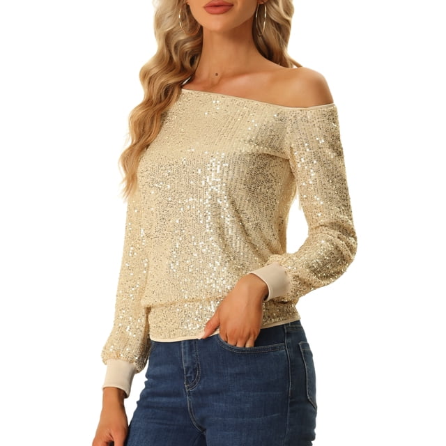 Top de lentejuelas con hombros descubiertos Allegra K Disco Party Sparkle Glitter Oro S