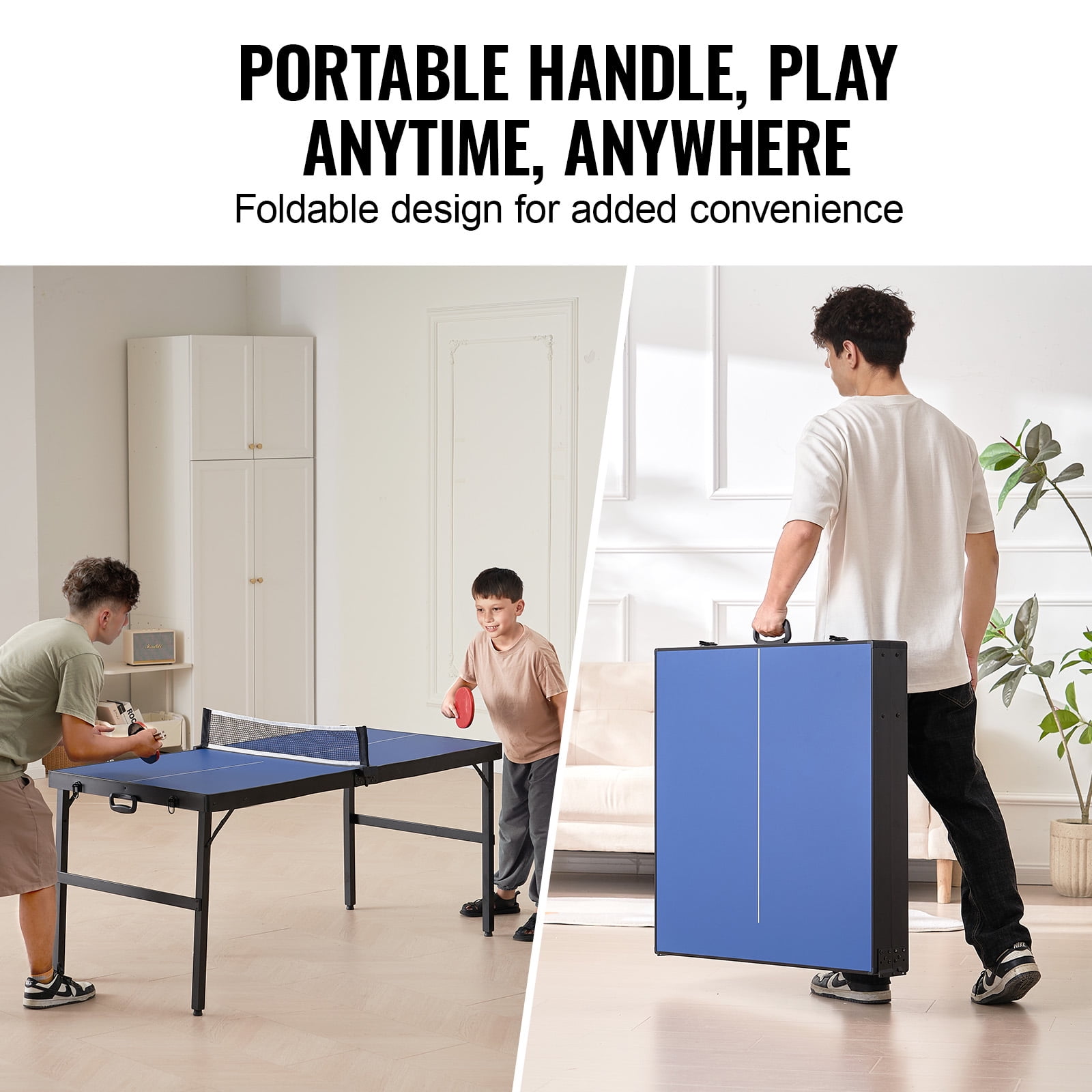 KFFKFF Table Tennis Set, Compact Indoor Ping Pong Equipment, MDF Foldable Table, Includes Net, 2 Rackets, 3 Balls, Travel Bag with Handle, Ready to Use - No Installation Needed