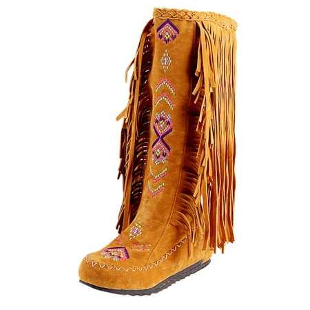 

Woman Style Women Heels Fringe Flock Chinese Boots Boots High Long Flat Tassel Nation Leather Fashion Knee Women s Boots
