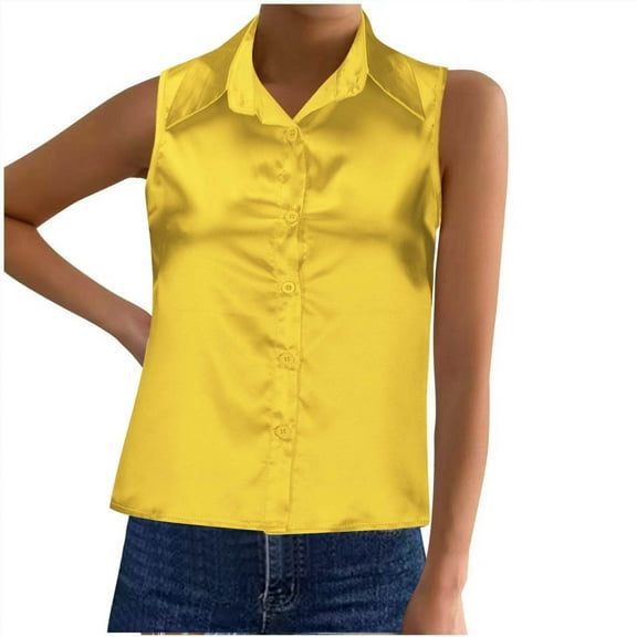 fatyb Womens Satin Tank Tops with Collar Button down Sleeveless Blouses Elegant Business Office Shirts