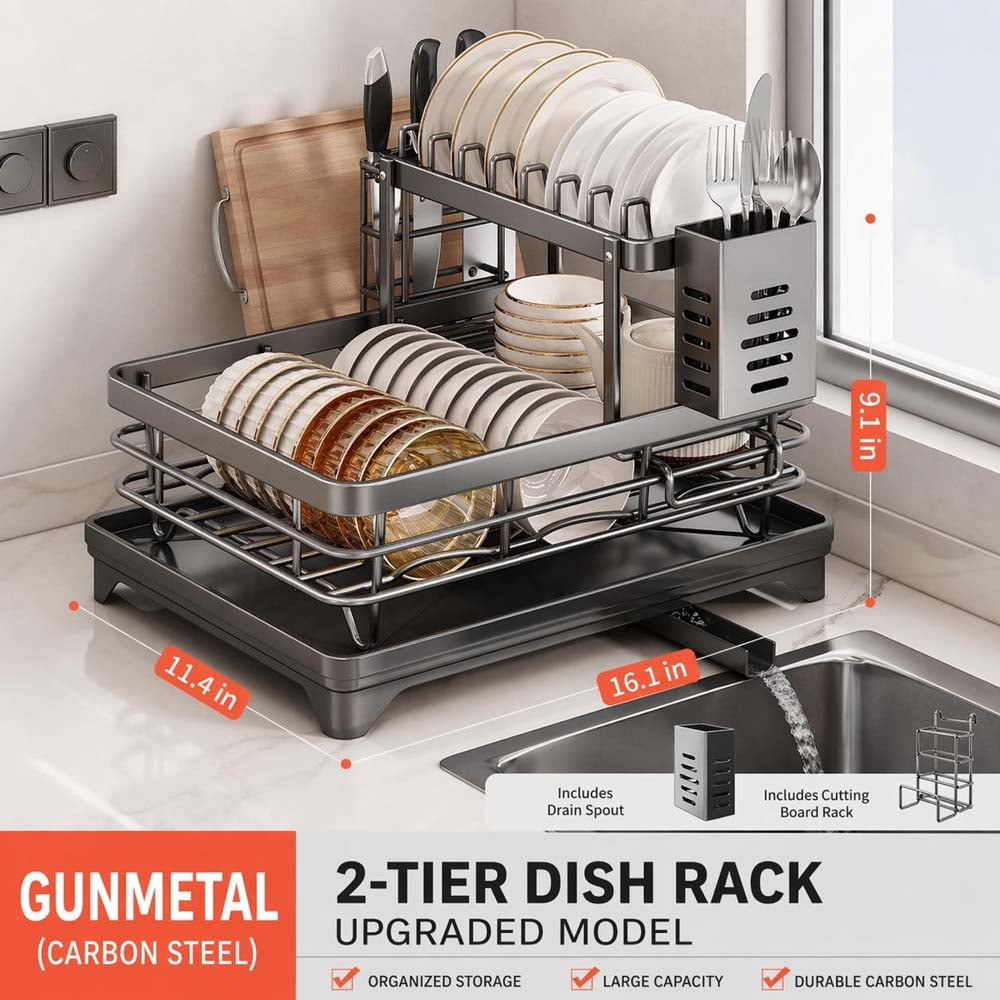 Foldable Over Sink Dish Drying Rack, Pull-Out 2-Tier Dish Drainer with Utensil Holder, Space Saving Kitchen Organizer for Small Kitchens