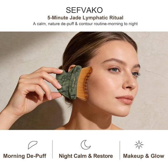 UYGDUY-Lymphatic Contour Face Brush, Dual-Ended Dry Brush + Cool-Touch Jade Gua Sha Edge, 0.075mm Ultra-Soft Bristles Gua Sha Facial Tools, for Lymphatic Drainage, Less Puffy Look, Sculpt & Relax