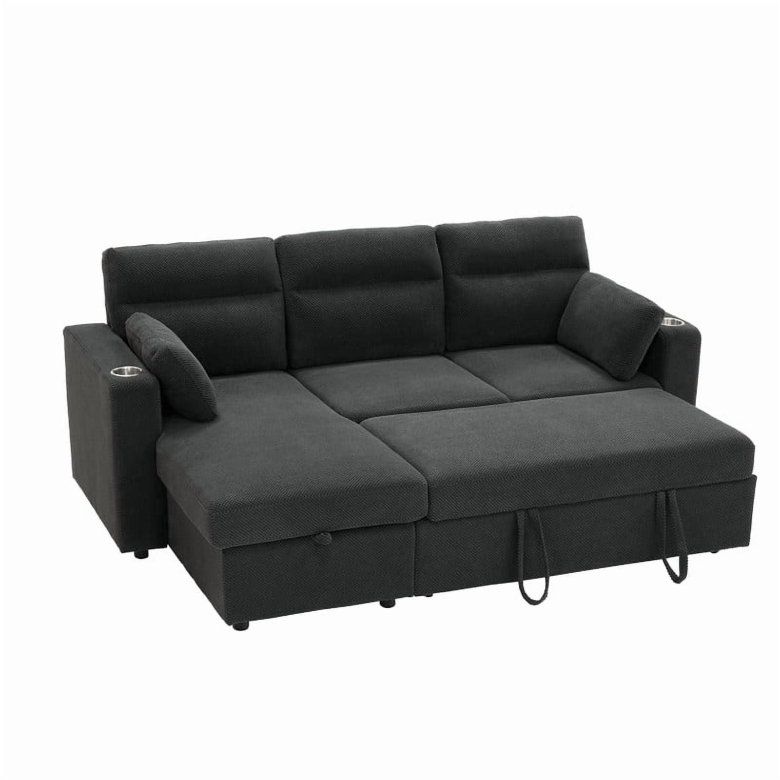 82.5" L-Shaped Convertible Sleeper Sofa, Pull-Out Sectional Sofa Bed with Storage Chaise, Cup Holders & 2 Lumbar Pillows, Modern Sofa Couch for Living Room, Apartment