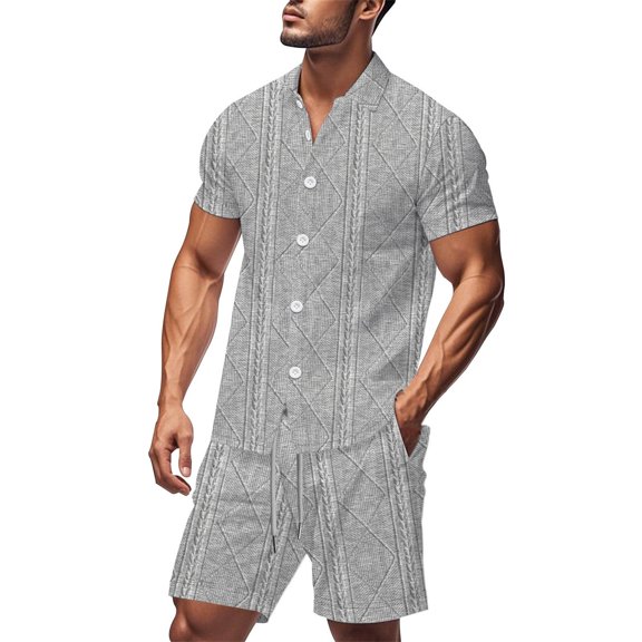 Glisme Mens 2 Piece Sets Summer Outfits Casual Jacquard Casual Fashion Short Sleeved Shirt And Shorts Two Piece Set Fashion Clothing Set Grey