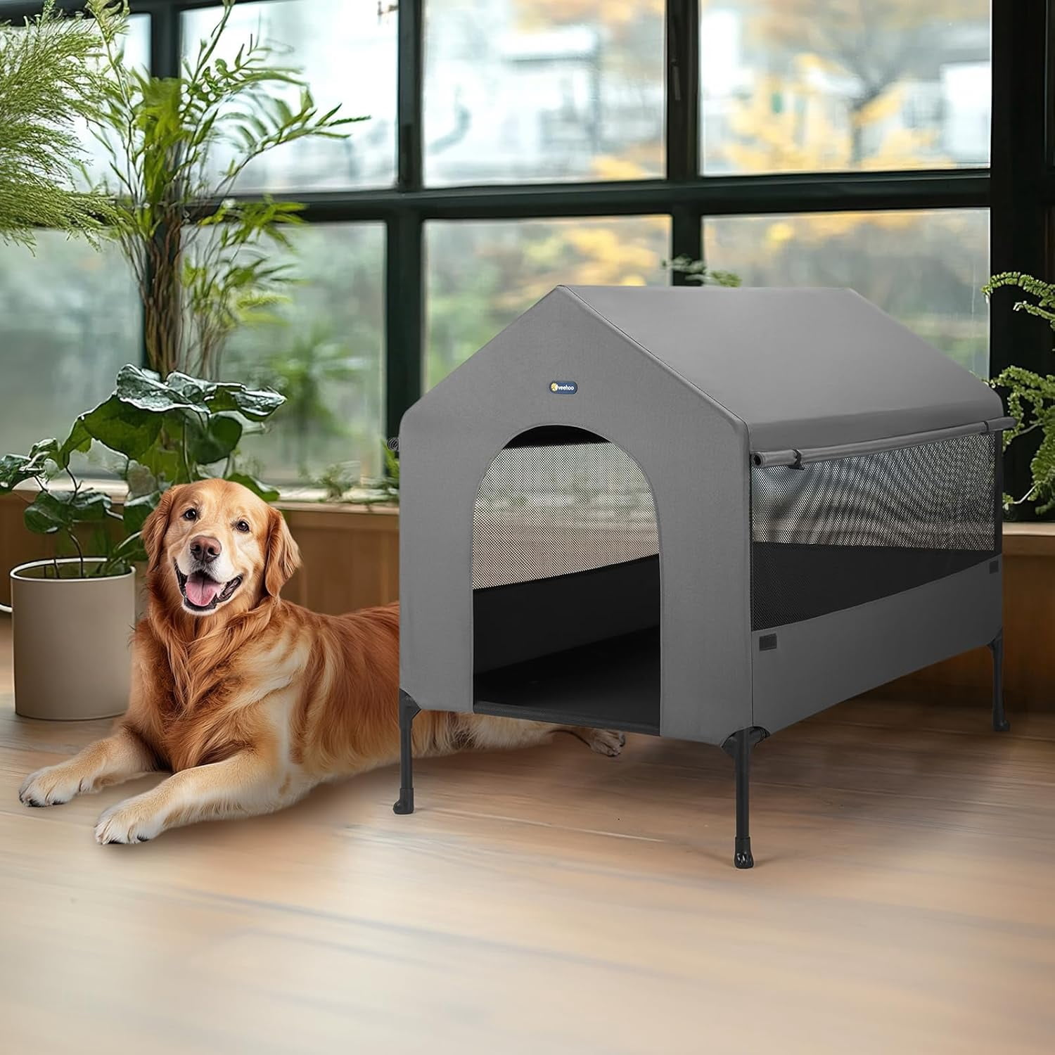 35" Dog House, 2-in-1 Large Dog House Outdoor Indoor Weatherproof, Outside Elevated Dog Cot Bed Dog Tent Shade, Three-Sided Breathable Mesh Windows and Sunshades, CWC2435CP
