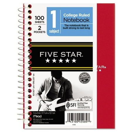 1PACK Five Star Wirebound Notebook  College Rule  5 x 7  White  100 Sheets/Pad 1PACK Five Star Wirebound Notebook  College Rule  5 x 7  White  100 Sheets/Pad Durable polyethylene cover. Full-size storage pockets. Heavy-duty back. No-snag Spiral-lock® wire. Neat Sheet® perforated pages for clean tear-out.Pad Type : Notebook;Sheet Size : 7  x 5 ;Ruling : College;Number of Sheets per Pad : 100;Paper Color : White;Sheet Perforation : Neat Sheet®;Paper Weight : 15 lbs.;Binding Edge : Side;Punched/Unpunched : Unpunched;Ruling Color : Blue;Binding : Spiral;Lines Per Page : 22;Subjects : 1;Backing : Heavy-Duty  30 pt;Cover Color : Assorted;Cover Material : Polyethylene;Number of Compartments : 1;Paper Pads/Note Pads Special Features : Single-Subject;Assortment : Black  Navy  Gray  Lavender  Pink  Red;Height : 7 in;Width : 5 in;
