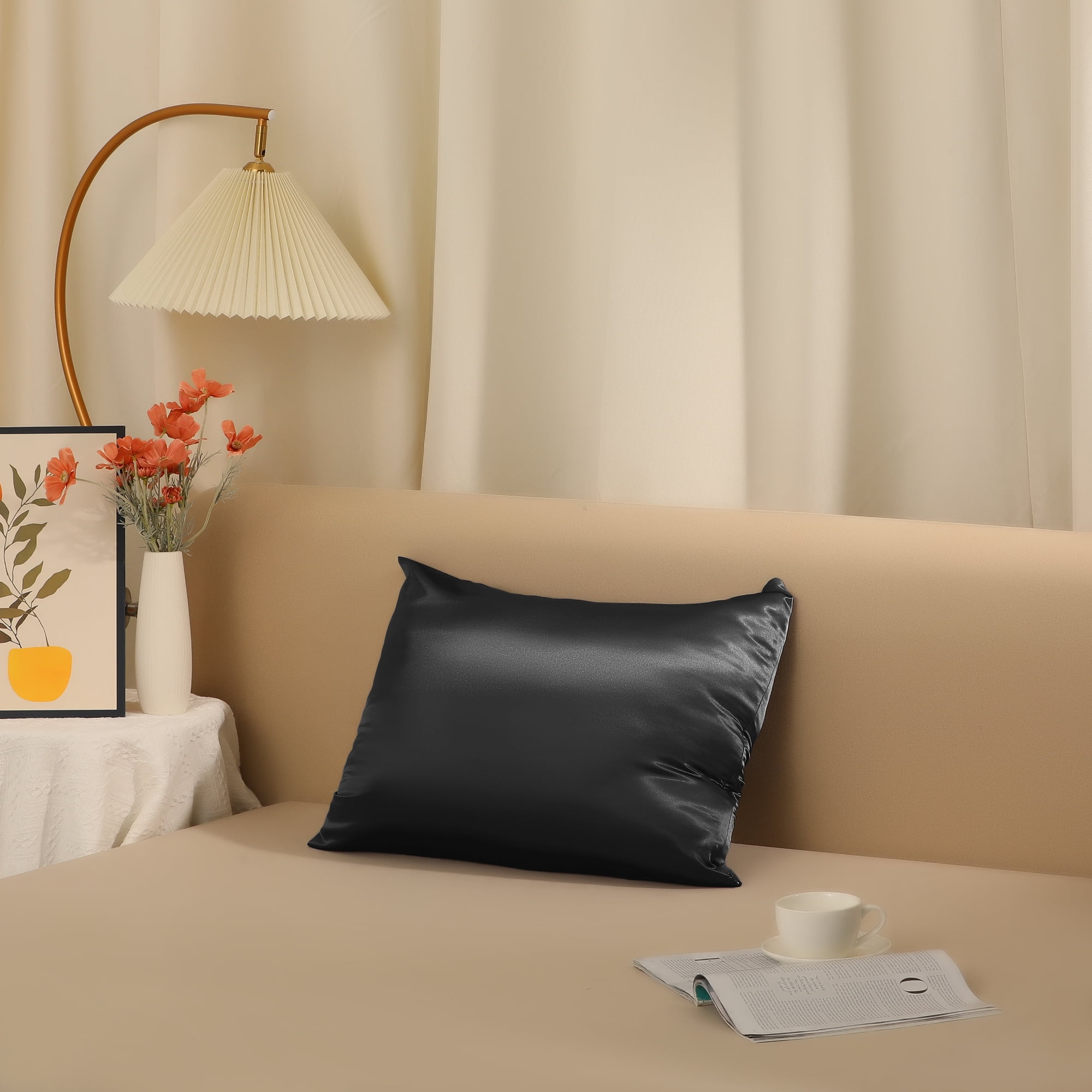 Unique Bargains Zipper Closure Satin Solid Pillowcase with Eye Mask Black Standard