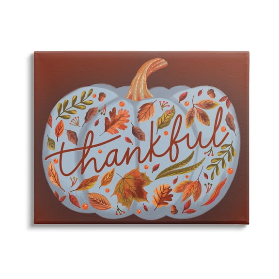 Thankful Leaf Patterned Pumpkin Holiday Graphic Art Gallery Wrapped Canvas Print Wall Art