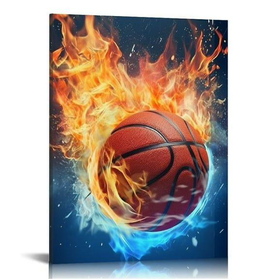 JEUXUS Basketball Canvas Wall Art, Cool Sport Ball on Fire and Water Abstract Giclee Print Home Decor Ready to Hang, 12x16 Inch