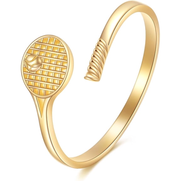 YAFEINI 14K Solid Gold Tennis Racket Ring Real Yellow Gold Jewelry Anniversary Birthday Gifts for Women