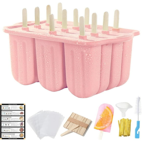 NANDIYNZHI Popsicles Molds Set 12 Cavity Homemade Maker Ice Silicone Freezer With 50 Sticks 50 Bags 50 Ties Funnel Recipes And Cleaning Brush Chocolate Molds Clearance Pink
