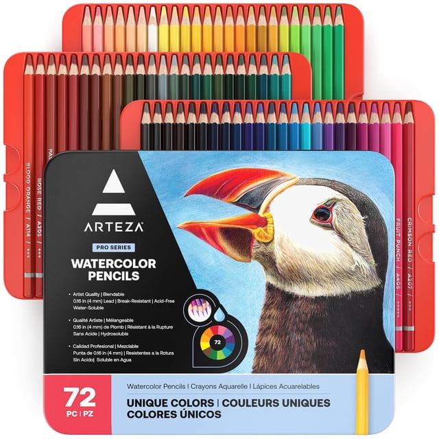 Arteza Lápices de acuarela, 72 lápices de colores para artistas, lápices de acuarela en caja de hojalata, suministros de arte para colorear, mezclar y superponer