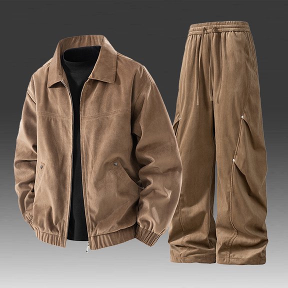 gbyLJF Men's Zipper Lapel Jackets Wide Leg Pants with Pocket Solid Color Long Sleeve Suits Sets Casual 2 Piece Outfits