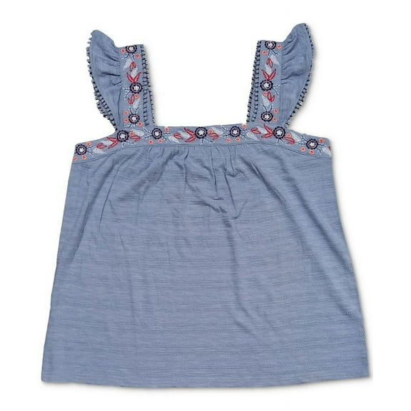 Style & Co Women's Plus Pointelle Linear Jacquard Embroidered Strap Top Blue Size 1X