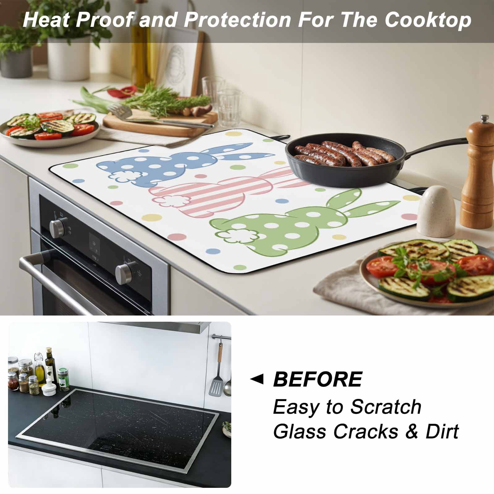 Easter Rabbit Stove Top Cover for Electric Stove, Heat-proof & Non Slip Glass Top Stove Cover Protector, Pink Blue Green Bunny Spring Polka Dots Kitchen Flat Cooktop Rubber Mat 24x21 Inches