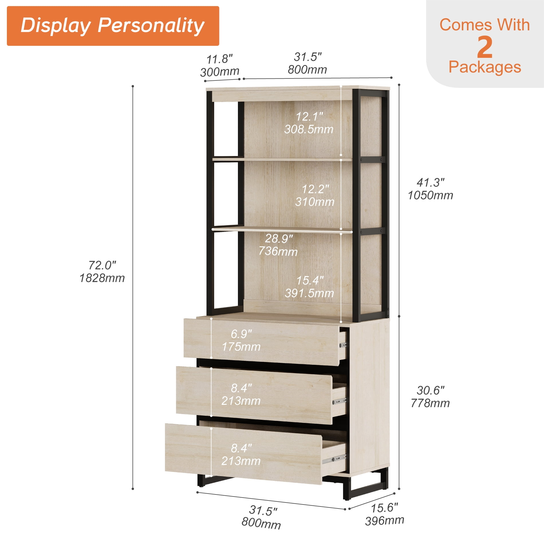 WAMPAT Modern 72" Tall Freestanding Bookcase，3 Drawers & Open Shelves with Storage Cabinet，Wood Library Bookshelf for Home Office & Living Room