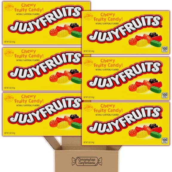 Jujyfruits Movie Theater Box Candy Bundle Pack - 6 Individually Sealed 5 Ounce Boxes - Chewy Fruity Candy - 5 Fruity Flavors, Lime, Raspberry, Lemon, Orange, Anise in Cornershop Confections Pack