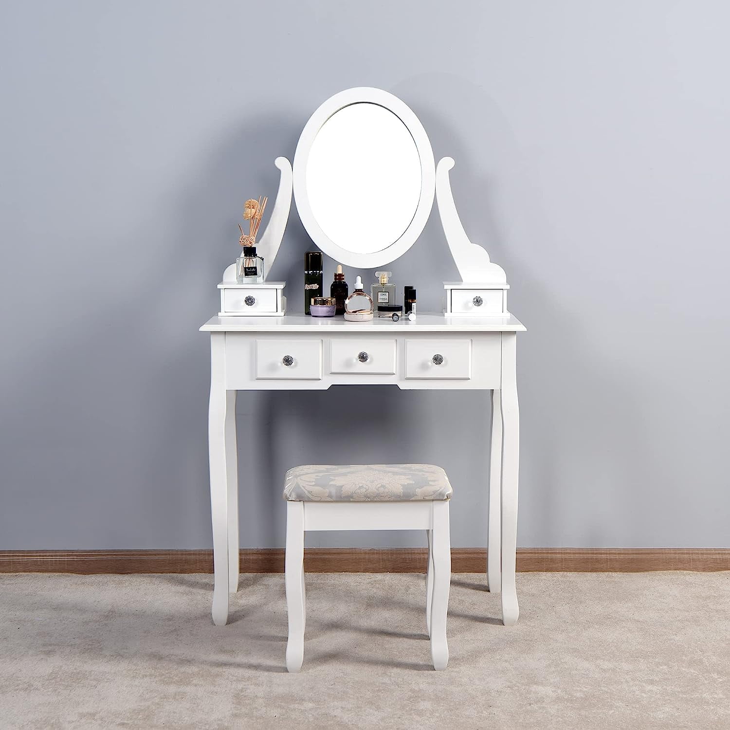 Miniyam Elegance White Dressing Table Vanity Table and Stool Set Wood 