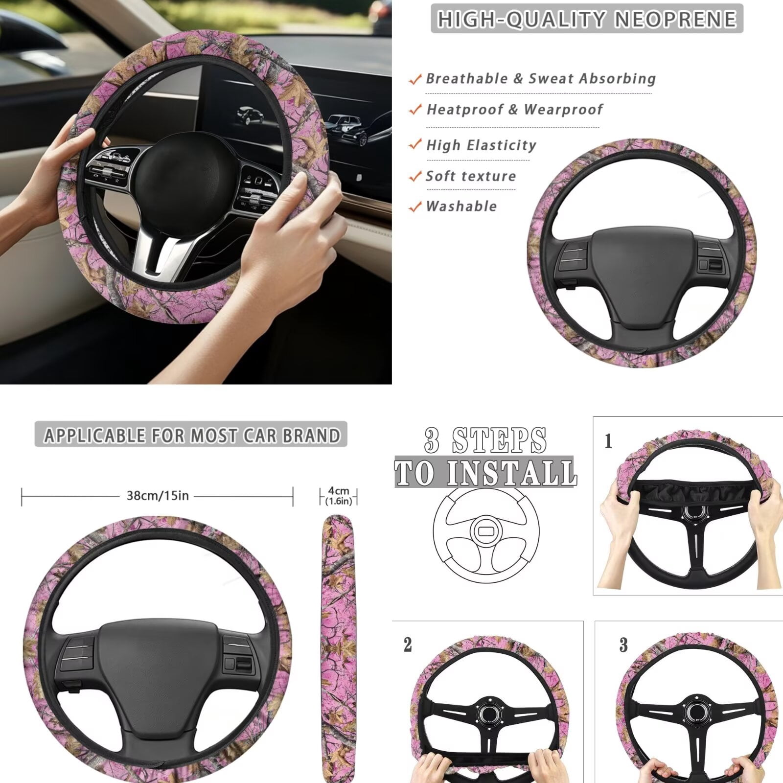 Jeiento 13 Pack Car Seat Cover Set for Front and Rear, Auto Interior Accessories Full Set for Women Men Car Seat Protective Covers Universal Fits for Most Vehicles, Pink Camo Oak Hunting Wood