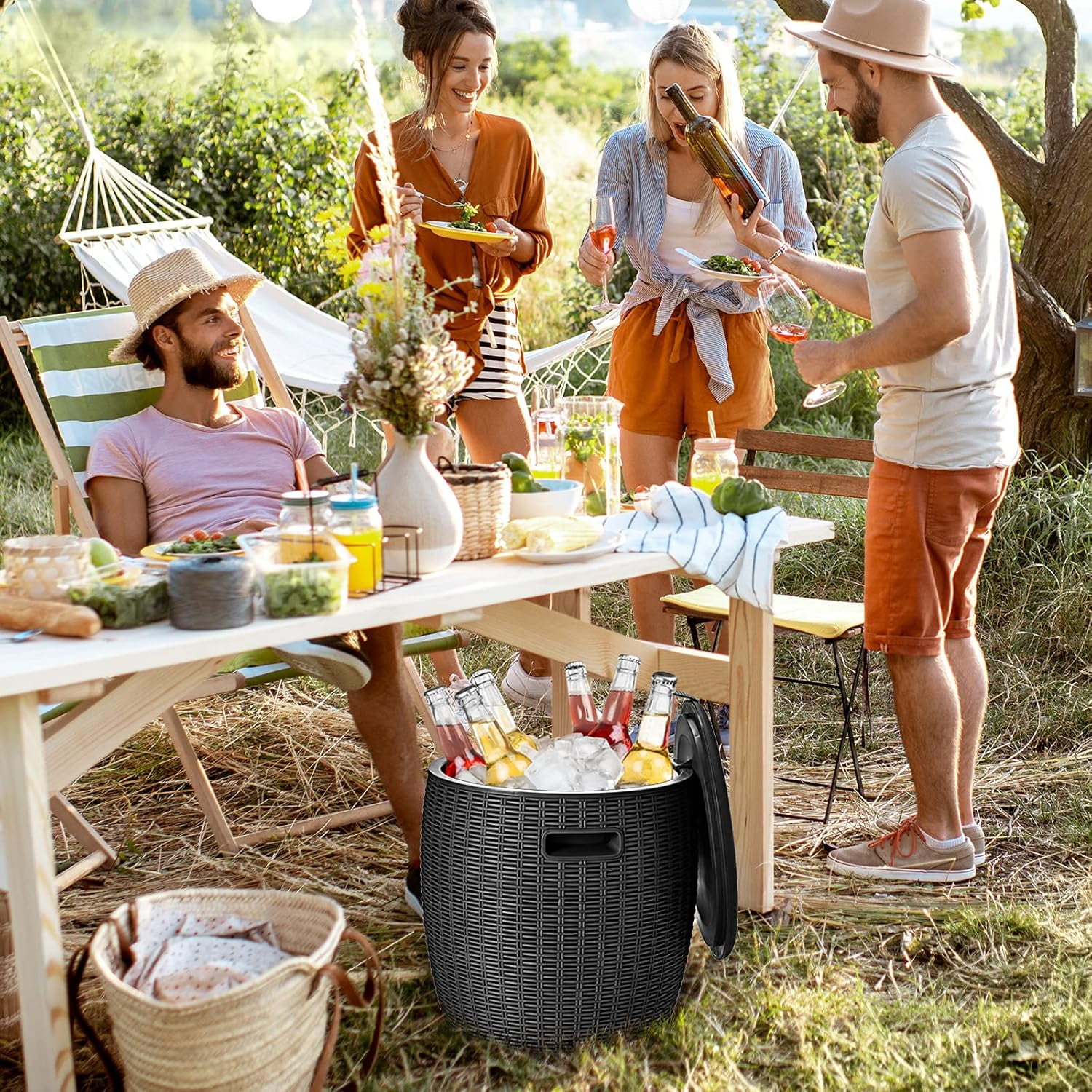 9.5 Gal Cooler Bar Table – Patio Wicker Ice Cooler with 4-in-1 Design, Black, 16.73×16.73×17.32 in