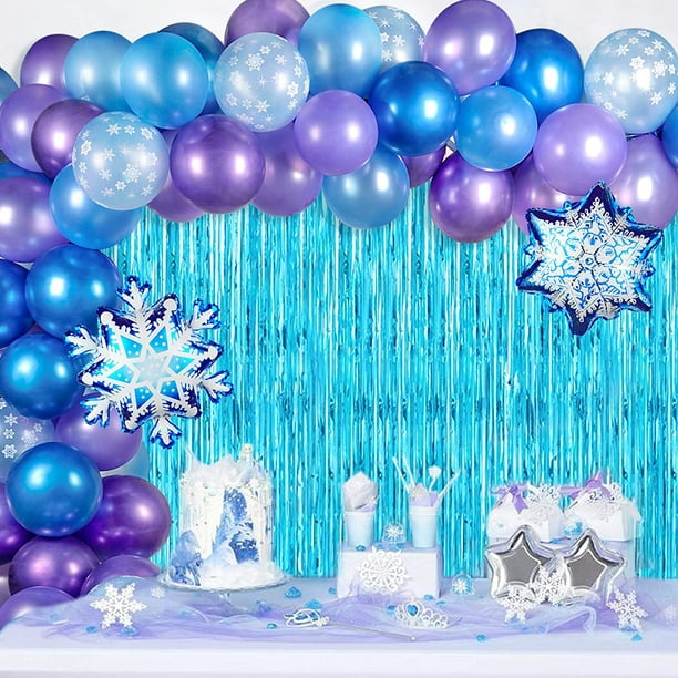 Hhhc Frozen Balloon Garland Kit 108 Pcs Snowflake Balloons Arch Kit With Metallic Blue Purple Balloons Blue Foil Fringe Curtain For Winter Wonderland