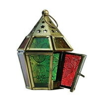 In the Breeze 9207 — Red, Yellow & Green Mini Hex Tealight Lantern — Moroccan-Style Boho Chic Tealight Glass and Metal Tabletop Lantern