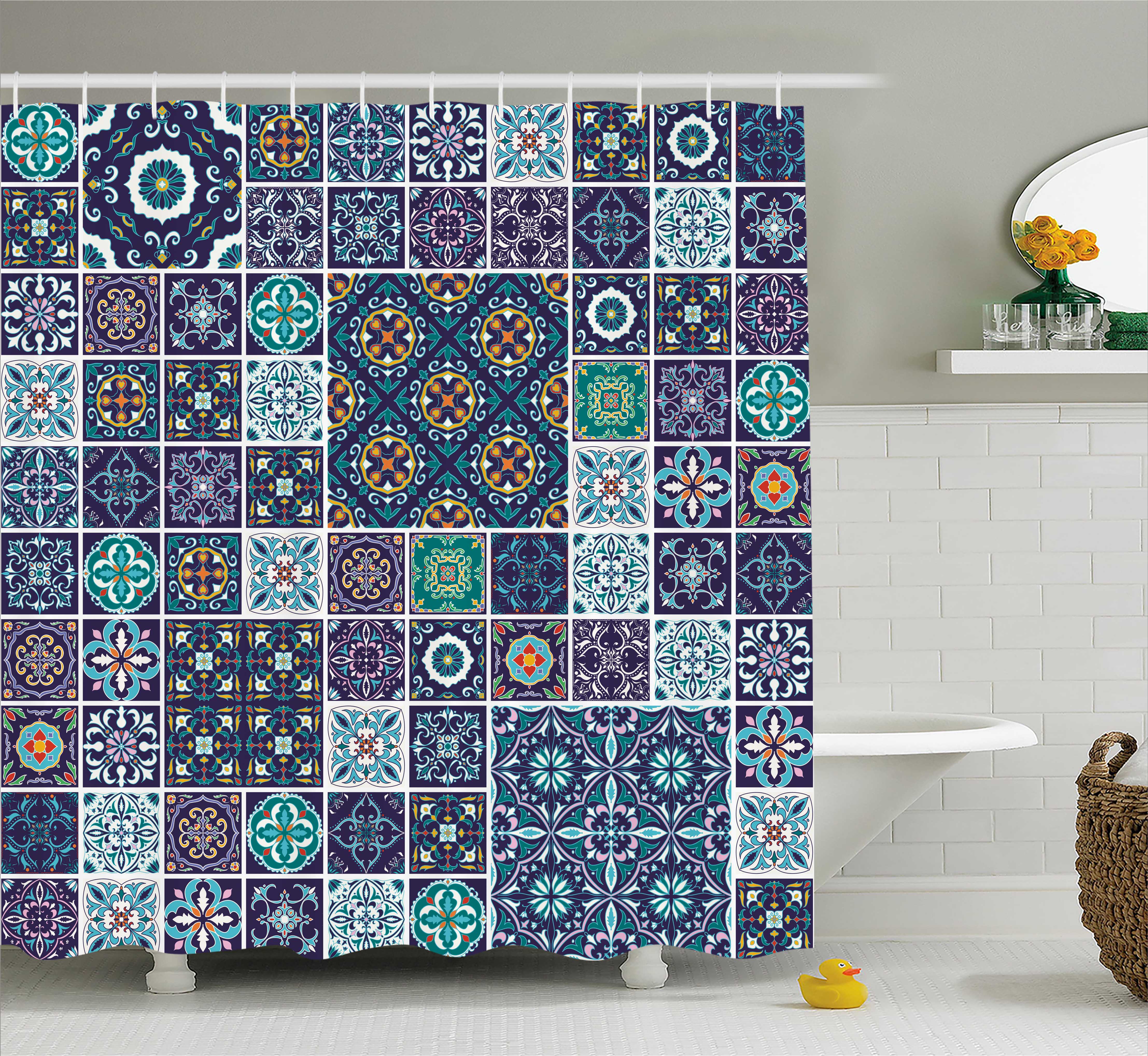 Ethnic Shower Curtain, Traditional Mosaic Azulejo Portuguese Cultural Ceramic Tiles Folk Design