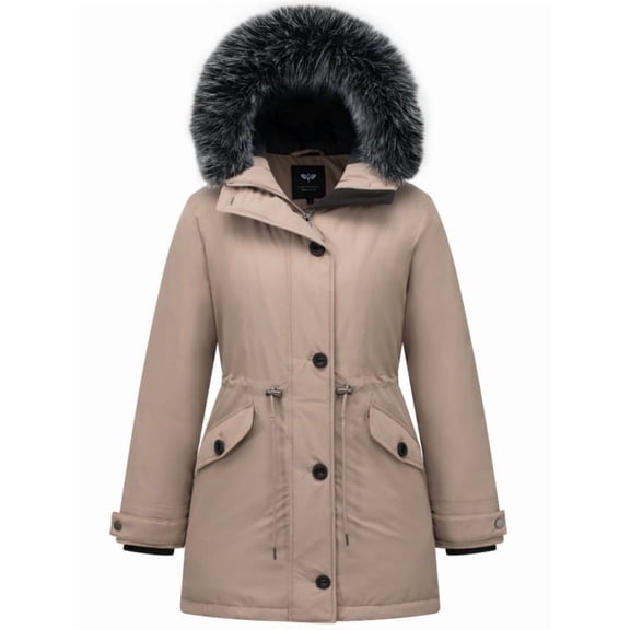 GGleaf Women's Winter Jacket Quilted Thicken Coat Puffer Parka with Faux Fur Hood Khaki X-Large