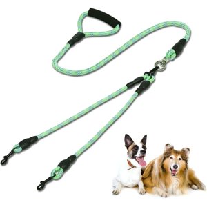 Une laisse double pour chien, 2 Entraînement confortable à la marche pour deux chiens moyens ou grands (vert)