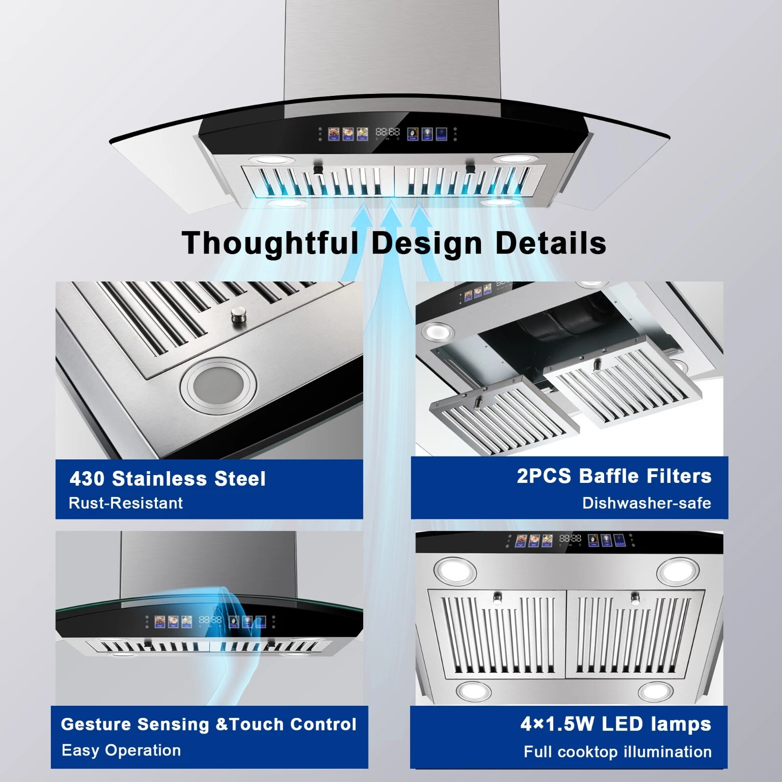 30 inch Range Hood 700 CFM Island Mount Range Hood Ceiling Mount Kitchen Vent Hood Touch Control Gesture Sensing