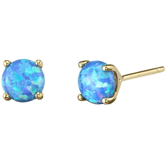 Peora 14K Yellow Gold Created Blue Fire Opal Stud Earrings for Women, Hypoallergenic Solitaire Round Shape, 6mm, 1 Carat total, October Birthstone, Friction Back