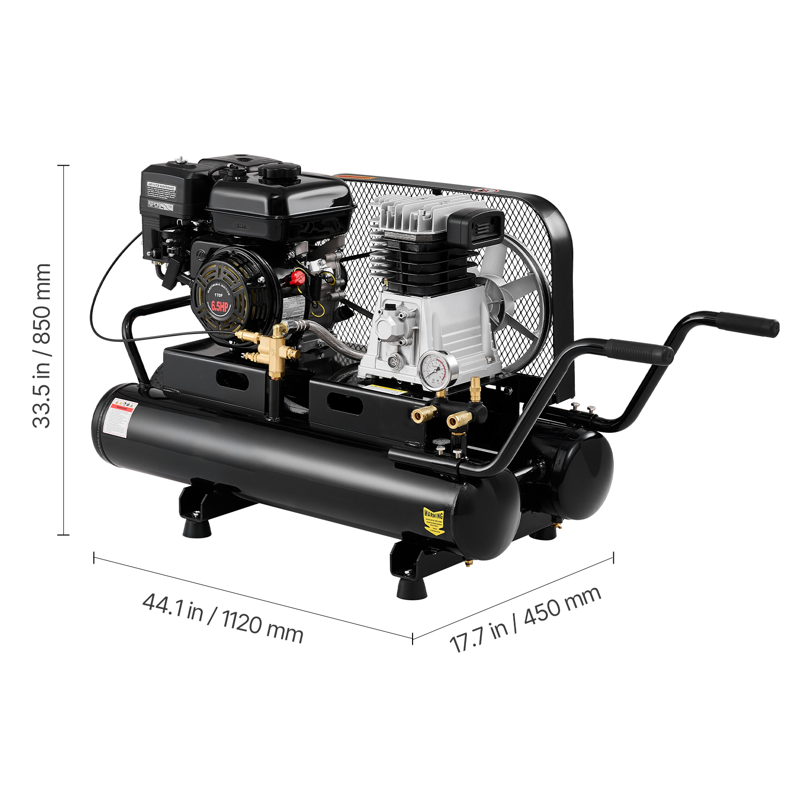 KFFKFF 9 Gallon Dual-Tank Gas Air Compressor, 6.5HP 9CFM Gas-Powered Unit with Wheels, 115PSI Piston Pump System for Tire Inflation, Automotive Repairs, and Spray Painting