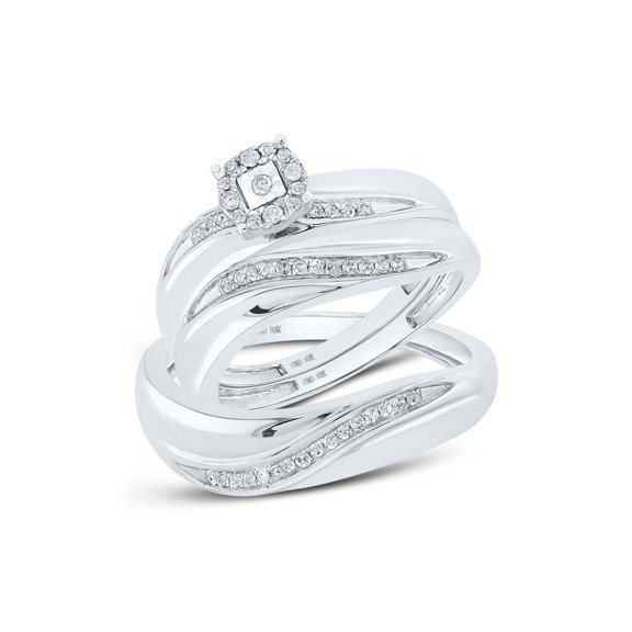 10k White Gold Round Diamond Mens Womens Trio Matching Halo Wedding Bridal Ring Set 1/5 Cttw