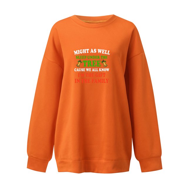 Gibobby Jersey de forro polar Sudadera sin capucha de manga larga con cuello Rojoondo y estampado de navideñas para mujer para la temporada de otoño e invierno (Anaranjado, XL)