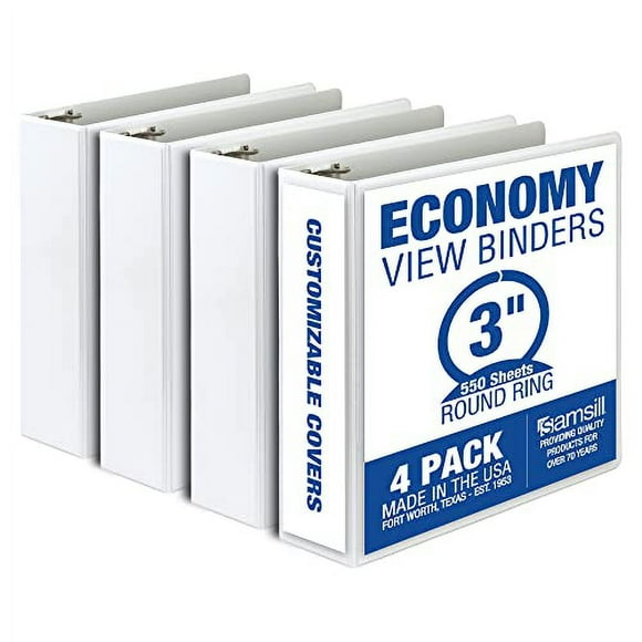 Samsill Économie 3 Pouces 3 Anneaux Liant, Fabriqué aux États-Unis, Anneau Rond Liant, Couverture de Vue Claire Personnalisable, Blanc, 4 Pack (MP48587)
