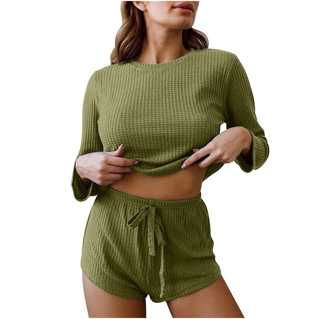 Bowake Ensembles 2 Pcs pour Femmes Pyjamas Décontractés Doux Col Rond Manches Longues Hauts et Shorts Ensembles de Détente Vêtements de Nuit Pjs