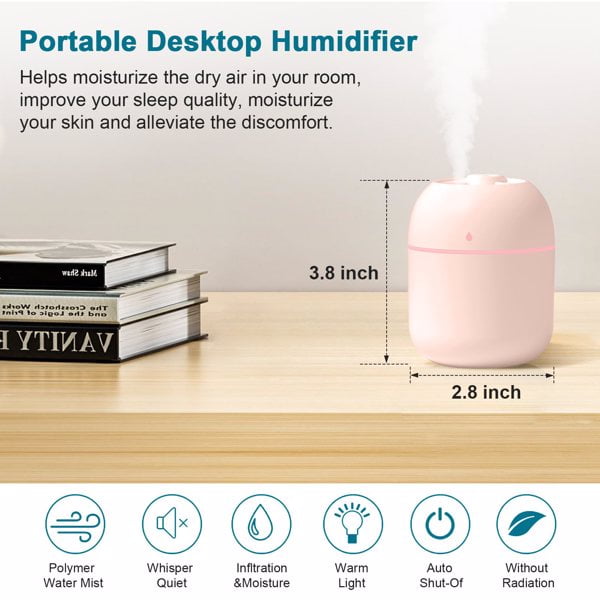 2pcs Portable Mini Humidifier, 220ml,Small Cool Mist Humidifier, Personal Desktop Humidifier For Bedroom Travel Office Home