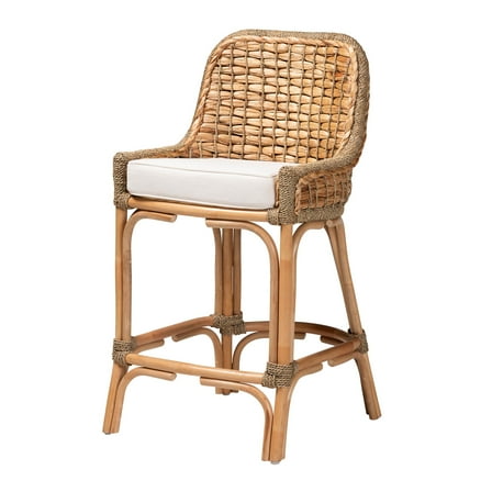 bali & pari Kyle Rattan, Mahogany wood and Seagrass BOHO Counter Stool, Natural Brown