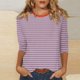 thumbnail image 2 of Camisetas de Manga Corta para las Mujeres a Rayas Impresas de Tres Cuartos de Manga, Cuello Redondo Casual Top, 2 of 5