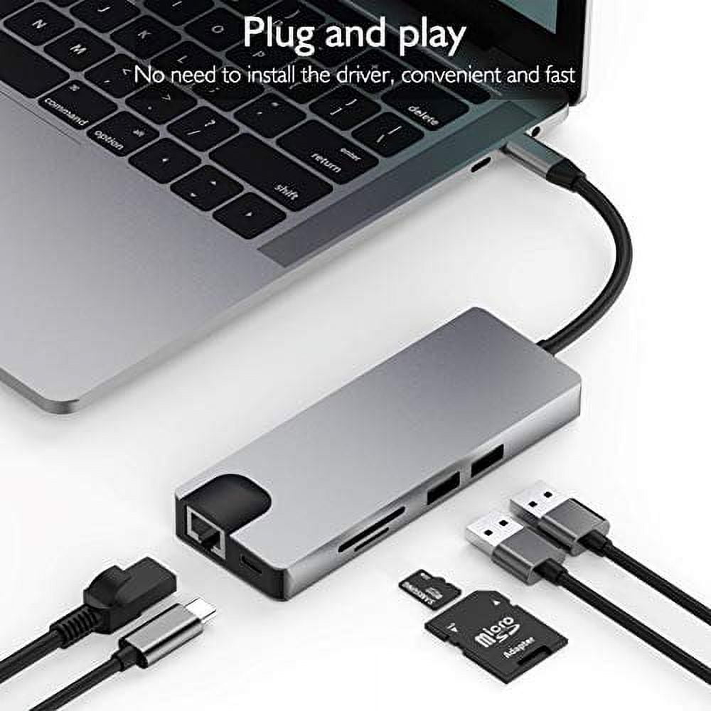 THYMOBO 9 in 1 USB C to USB Hub, USB Type C Adapter w. 2 USB 3.0 Ports, SD Micro SD, RJ45, Audio, VGA, USB C to HDMI & USB C Charging Port, Compatible MacBook Pro Nintendo Switch Type C Laptop - Grey