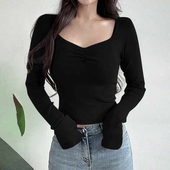 Womens Tops Women'S Clothing Tops for Women Trendy Ndbuld Pleated Shirt Women's Spring Long Sleeve T-shirt Black S