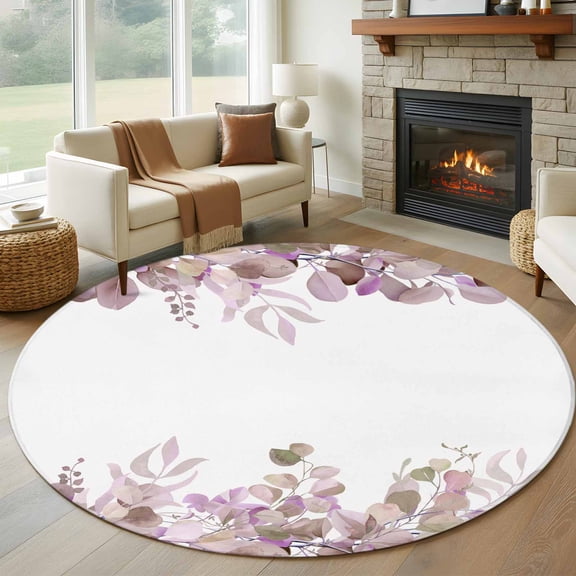 Round Rugs 7Ft, Purple Botanical Round Area Rug Washable Indoor Throw Carpet, Spring Floral Summer Eucalyptus Leaf Large Non Slip Circle Rug for Dining Room Playroom Home Decor Aesthetic