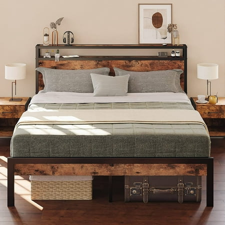 LIKIMIO Queen Bed Frame, Industrial Headboard/Metal Frame, Easy Assembly, Noise-Free, Vintage Brown