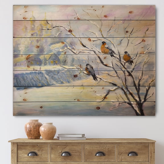 Designart 'Rustic Birds Sitting On A Tree In Winter Village' Farmhouse Print on Natural Pine Wood