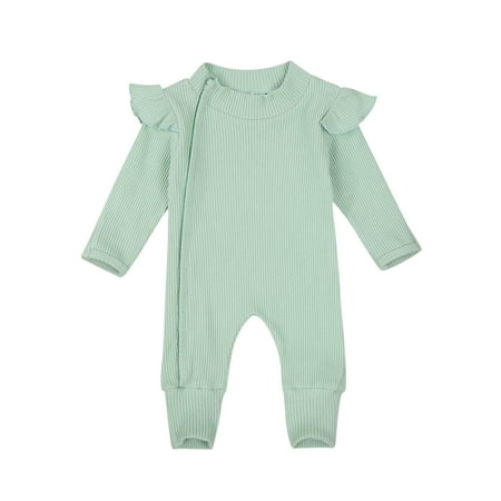 

Diconna Newborn Baby Girls Boys Fly Long Sleeve Jumpsuit Autumn Fresh Solid Color One Piece Long Pants with Zipper Ribbed Romper 0-18M