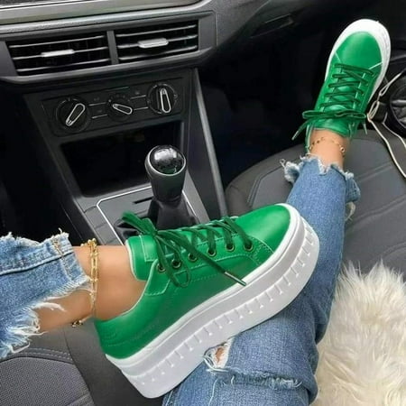 

Women Shoes Fashion Solid Color Leather Round Toe Lace Up Platform Casual Shoes Green 8 platform shoes for women platform sneakers for women womens platform shoes